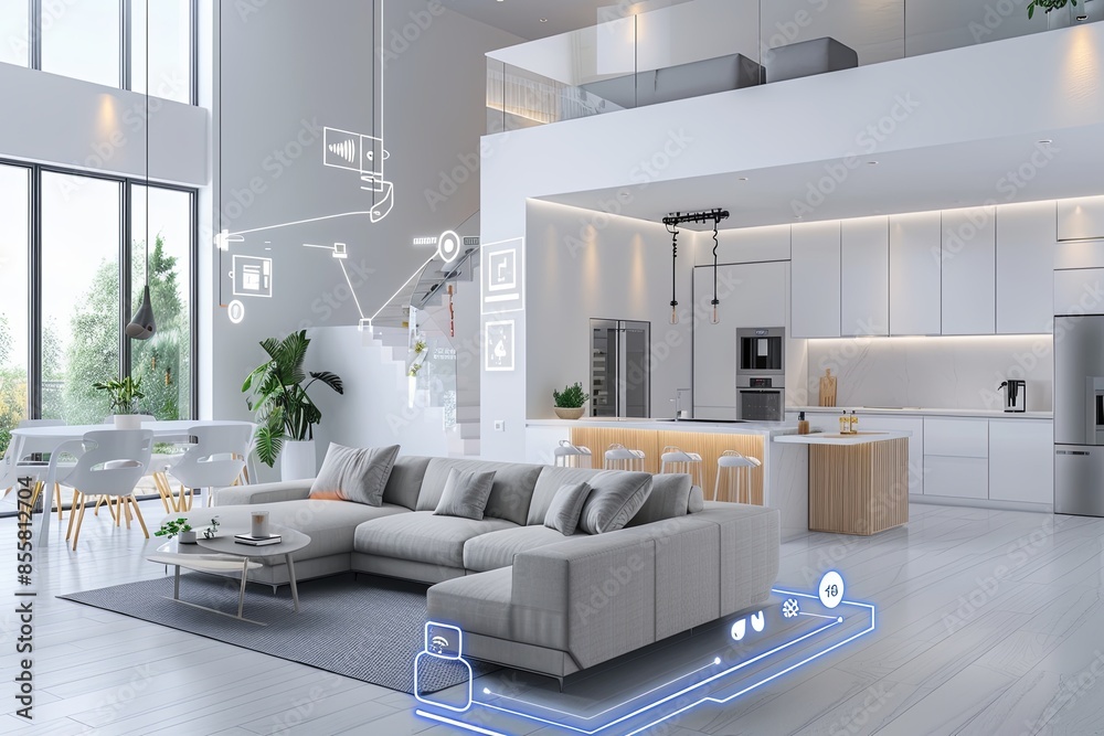 Poster a modern smart home interior showcasing ai-driven devices, automated lighting, and smart security sy