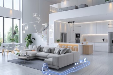A modern smart home interior showcasing AI-driven devices, automated lighting, and smart security systems. The contemporary design emphasizes comfort and technological integration. Generative AI