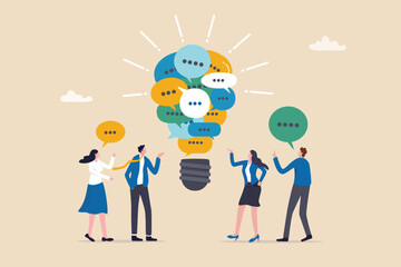 Effective communication, meeting discussion or conversation solution, speak or telling intelligence information, team opinion new idea concept, business people discuss with lightbulb speech bubble.