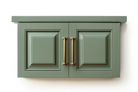 Cabinet door samples in market in a row. Green Kitchen wooden cabinet door, brass door handles, furniture isolated on white. Chic look in the room. Trendy interior units. Home improvement concept.