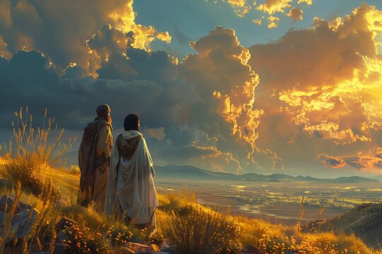 Biblical duo with Promised Land view and dramatic skies