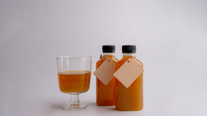 Fruit and vegetable juice bottles isolated on white background