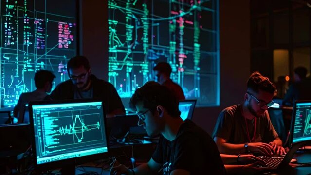 A group of people are working in a dark room. They are all looking at computer screens. There are green and blue lights on the walls.