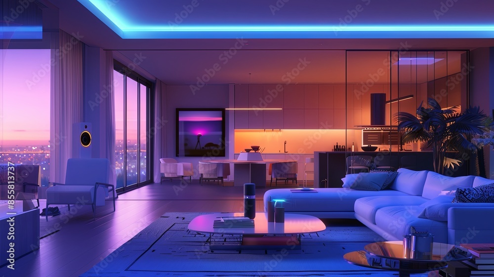 Poster a sleek and modern living room in a smart home, featuring automated lighting and a city view. the in