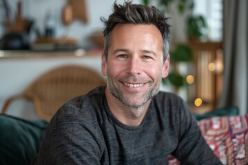 Fototapeta premium Portrait of a blissful man in his 30s smiling at the camera in scandinavian-style interior background