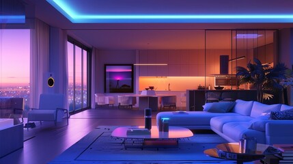 A sleek and modern living room in a smart home, featuring automated lighting and a city view. The interior is designed for comfort and technology integration. Generative AI