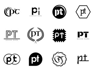 PT logo company template. Letter p and t logotype. Set different classic serif lettering and modern bold text with design elements. Initial font typography.