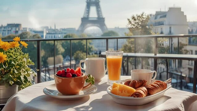 Restaurant atmosphere on the streets of Paris, with the Eiffel Tower as a background, 4K video animation background with smooth looping
