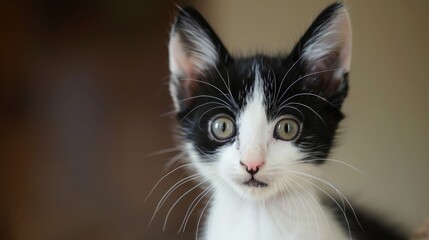 A juvenile cat with black and white fur