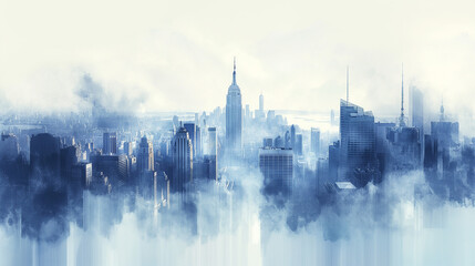 Fototapeta premium A city skyline is shown in a misty blue haze