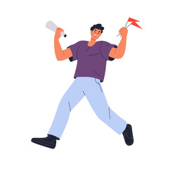 Trainer, sport coach cheering, supporting with flags in hand. Excited man, physical training teacher. Happy active male running and motivating. Flat vector illustration isolated on white background