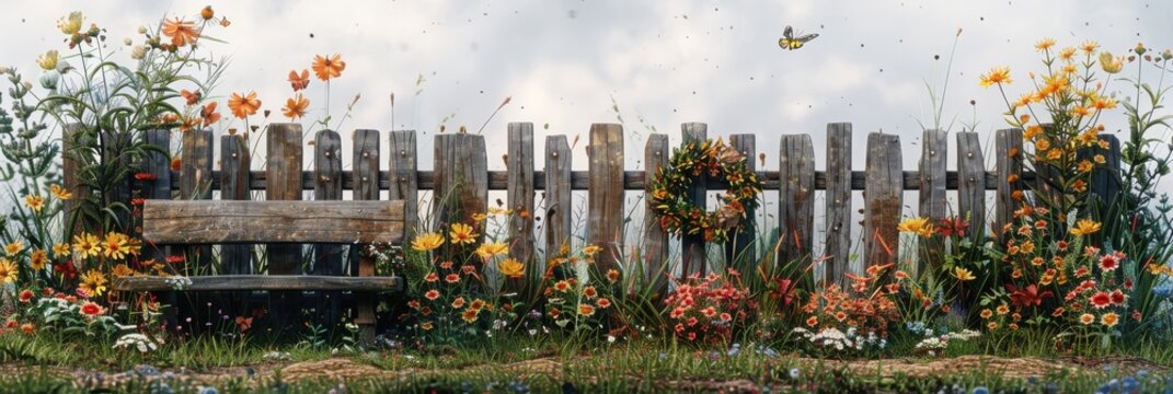 A rustic wooden fence adorned with colorful wildflowers and a bird flying above, creating a charming and serene garden scene, watercolor concept art