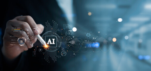 Businessman use of technology smart robot AI , artificial intelligence for Automation, Predictive analytics, Customer service AI-powered chatbot, analyze customer data, business and technology