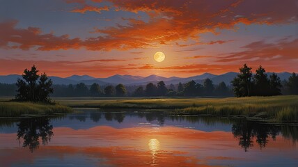 Fiery orange and red hues paint the desert sky at dusk, casting a magical light on the majestic mountain landscape