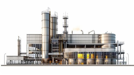 Industrial biofuel factory with focus on sustainable production and modern equipment, showcasing eco-friendly practices, isolated on white background