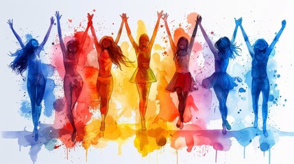 Silhouettes of people with arms raised in joy, vibrantly colored with splashes of paint, representing celebration and unity, watercolor concept art on white background