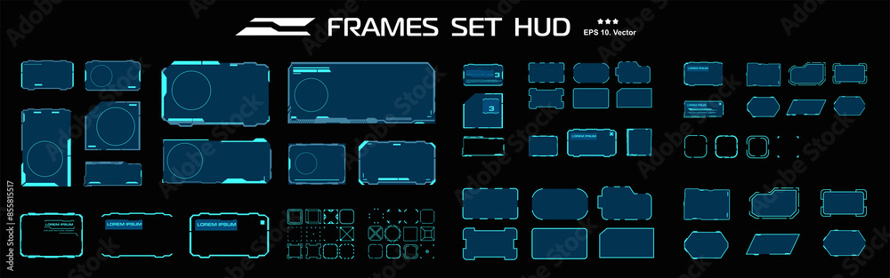 Aufkleber Big set of blue frames for HUD user interface. Vector set of neon frames. Modern set with frames and windows for interactive correspondence. HUD interface elements blank templates with frames