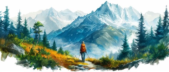 A hiker with a backpack stands before a stunning mountain range, surrounded by trees and vibrant landscape, embracing the beauty of nature, watercolor concept art