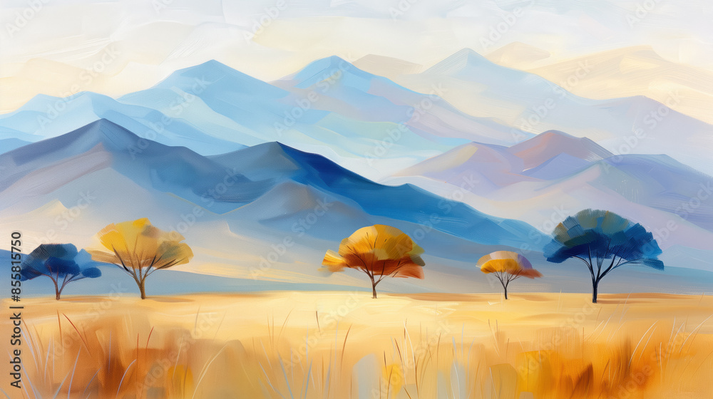 Wall mural Serene landscape in Namibia, featuring colorful trees in a grassy field with mountains in the background, using soft brushstrokes and pastel hues to create a tranquil scene.