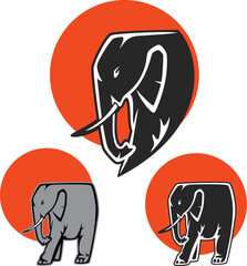 wild african elephant portrait with orange sun circle in the background - safari animal vector design set