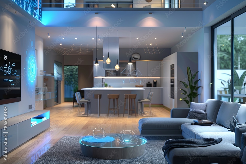 Fototapete The interior of a modern smart home with AI-driven devices, automated lighting, and smart security systems. Generative AI