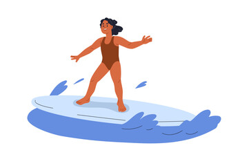 Girl on surfboard. Kid surfing on board, riding sea waves. Happy child surfer, active adventure on beach. Summer holiday sports activity. Flat vector illustration isolated on white background