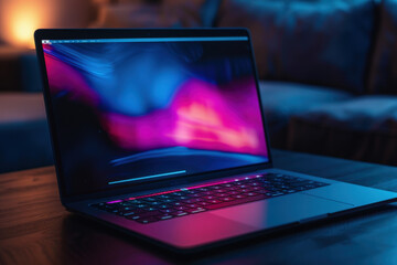 Modern laptop is open and displaying an installing software interface, resting on a wooden table with a blurred background