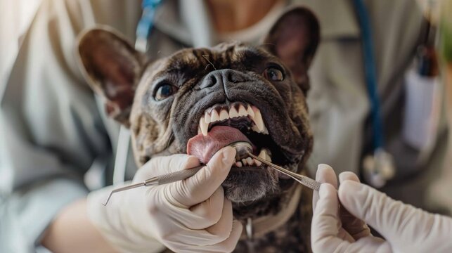 A veterinarian examining a dog's teeth with a dental tool, ensuring oral health and hygiene