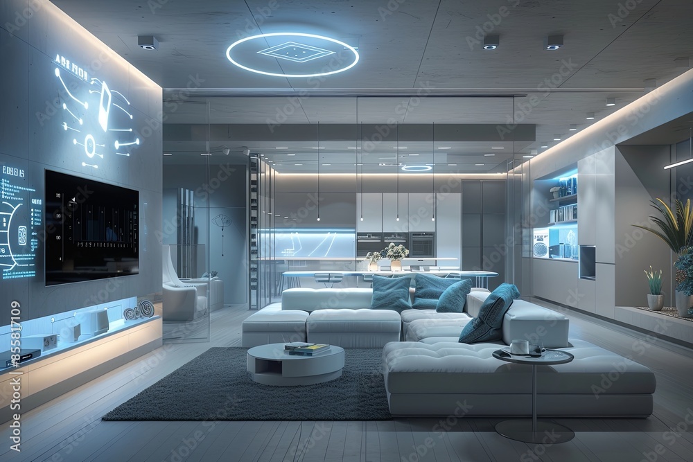 Poster a sleek and contemporary living room in a modern smart home. the space features ai-driven devices, a