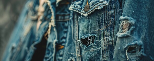 A closeup of a worn, torn denim jacket with frayed edges and patches, highlighting the distressed and rugged texture typical of grunge fashion.
