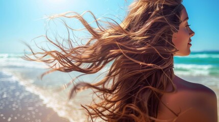 Naklejka premium A woman with long wavy hair enjoying a sunny day at the beach, with natural sunlight highlighting her hair
