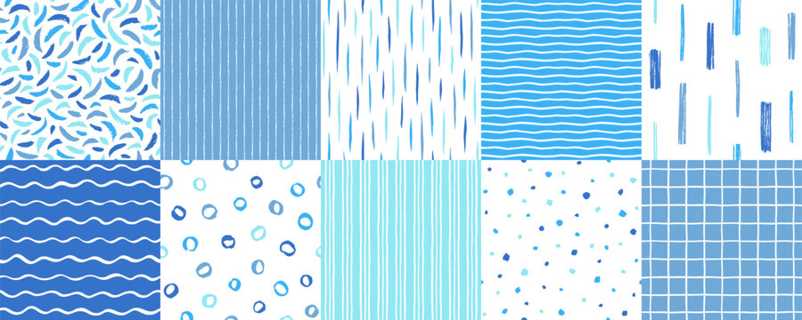 Hand drawn seamless repeat abstract vector patterns set. Chalk crayon brush ink wavy stripes, sea waves, pinstripes, uneven lines, dots, artistic textured spots, check, mesh backgrounds. Blue colors.