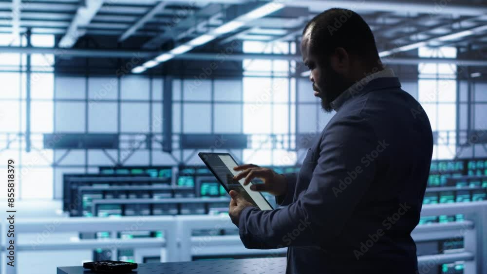 Poster system administrator in server room establishment installing newly ordered storage unit. software de