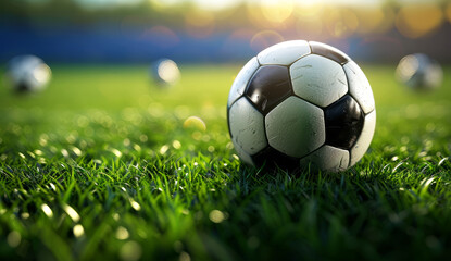 Fototapeta premium Soccer stadium with ball on the field, background for design 
