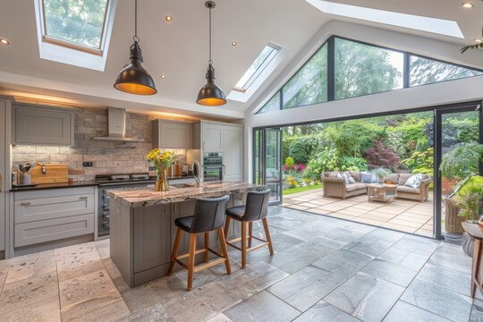 Large open plan kitchen with island and dining area, grey and neutral colours, large skylights in the roof, one door leading to garden, stone floor tiles...