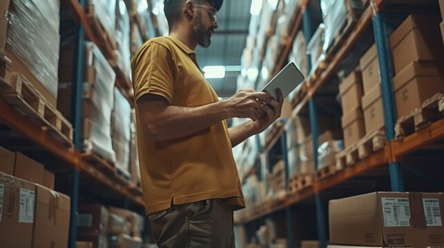 logistics warehouse employee with a tablet against the background of a rack with boxes of parcels and goods
