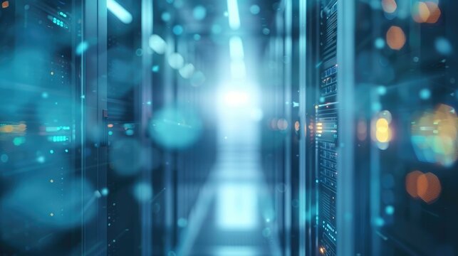 Blurred background image of interior data center with mainframe technology and network traffic system