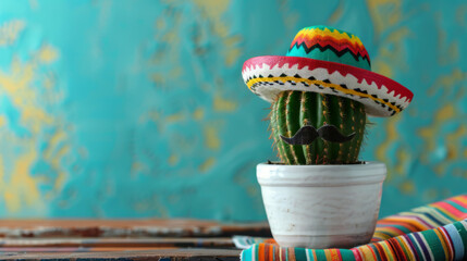 Trendy Cactus with Mustache and Colorful Mexican Hat