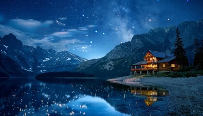 Fototapeta premium Serene Lakeside Cabin Under a Starry Night Sky in a Majestic Mountain Setting