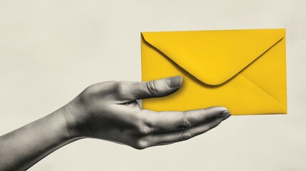 Photo collage with a black and white photo of a hand holding a yellow paper envelope on isolated light grey background