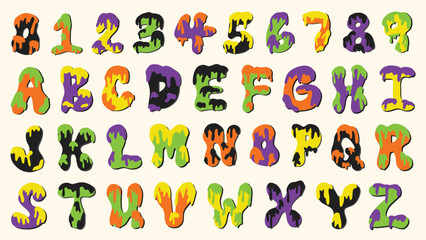 Groovy retro slime alphabet letters and numbers set. Hand lettered Halloween font. Hand drawn vector illustrations.