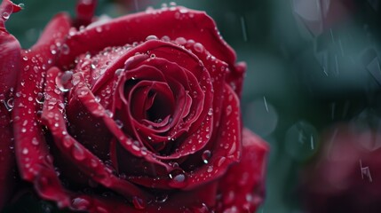 Close-up of raindrops on the velvety petals of a deep red rose, symbolizing love and passion