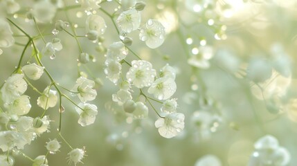 Fresh dewdrops on the tiny white flowers of a baby's breath plant, delicate and ethereal