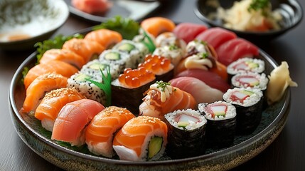 This sushi assortment on a dark ceramic dish offers a tantalizing glimpse into the art of Japanese gastronomy with its precise arrangement and fresh ingredients