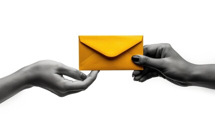 Photo collage with a black and white photo of a hand handling a yellow paper envelope to another person hand on isolated white background