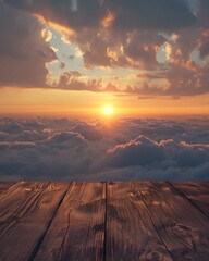 Wooden table top with view of sunset above the clouds. Product display background