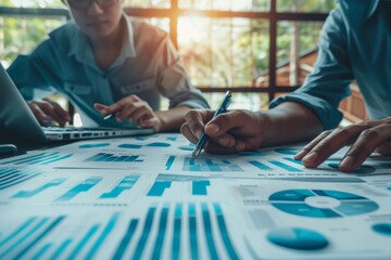 Team collaboration  analyzing financial data and marketing growth, using ai for strategy planning