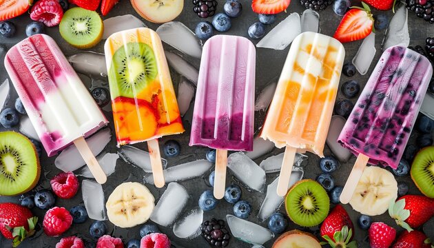 Colorful frozen yogurt popsicles  sweet ice cream treats with fresh fruits and berries