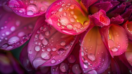 Fototapeta premium Macro image of water droplets on a dahlia flower, showcasing its vibrant colors and textures