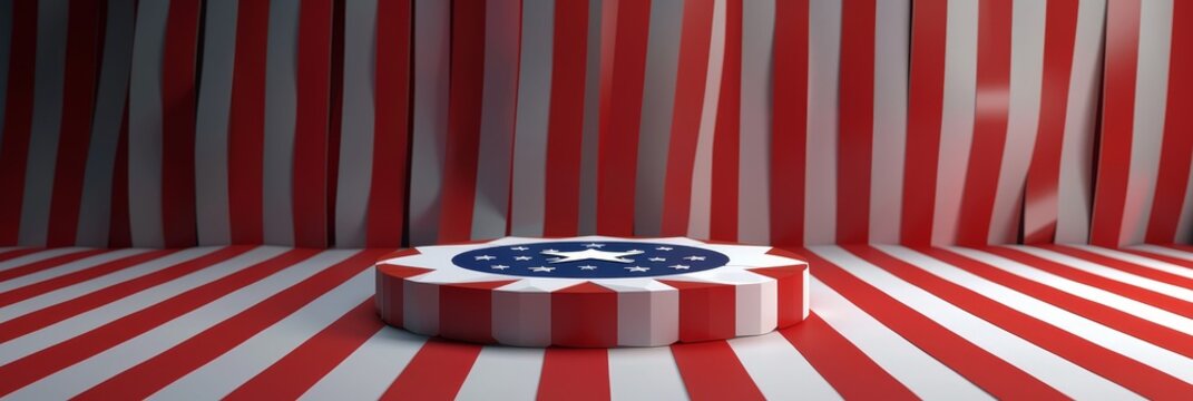 Striped patriotic round podium on red - A patriotic round podium with a striped red and white design, with a backdrop of red and white stripes